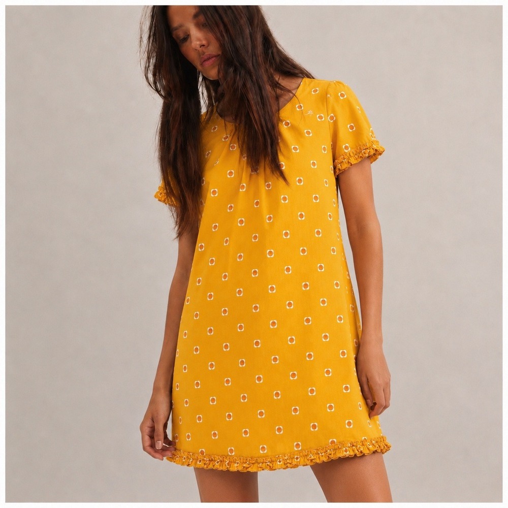 Orla Kiely Retro Floral Ruffle Shift Dress Size XS S Yellow Mod Summer Casual
